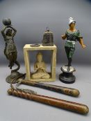 VINTAGE TYPE WOODEN TRUNCHEONS, two spelter figurines and other collectables