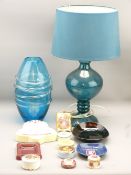ART FORM BLUE GLASS VASE and a stylish glass table lamp, selection of Limoges and other pill boxes