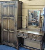 PRIORY STYLE OAK TWO-PIECE BEDROOM SET comprising single door wardrobe with carved linen fold