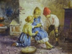 LUIGI MORELLO watercolour - interior scene, three children, two of whom keenly watching a bird