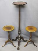REPRODUCTION MAHOGANY TORCHERE STAND and two wine tables, 113cms H with reeded column and carved