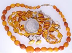 GRADUATED AMBER NECKLACE, 25grms, George IV 1926 half-crown and vintage amber glass necklaces ETC,