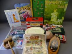 MIXED COLLECTABLES, a quantity including vintage reproduction advertising signs, pin football
