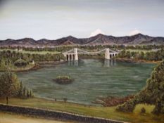 I PHYLIP JONES oil on canvas - Menai Straits, Suspension Bridge and mountain backdrop from the A5