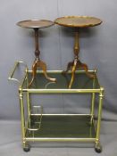 BRASS EFFECT WITH SMOKEY GLASS SHELF TWO-TIER TROLLEY and two vintage style mahogany wine tables,