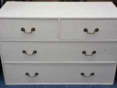 CREAM PAINTED, PROBABLY OAK CHEST of two short over two long drawers with brass swan neck handles,