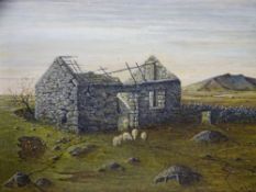 I PHYLIP JONES oil on board - Caernarvonshire upland landscape with ruined cottage and sheep