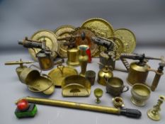 BRASS BLOW LAMPS, repousse and other wall plaques and other brassware