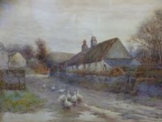 ALBERT W AYLING RCA watercolour - attractive rural landscape with thatched cottages and geese on a