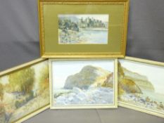 S WRIGHT watercolours (3) - good North Wales coastal and a shepherd with sheep on a lane, 23 x 37cms