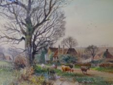 HENRY CHARLES FOX watercolour - pastoral scene with cattle watering by a farmstead and geese in a