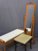 MODERN PINE CHEVAL MIRROR, stripped and re-upholstered duet stool and a vintage sabre leg dressing