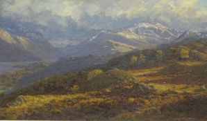 DAVID WOODFORD oil on board - Snowdon partly under snow with Llyn Padarn from the Southern upper