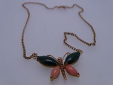 INSECT BROOCH & NECK CHAIN, possibly nine carat gold, the brooch having two oval malachites and