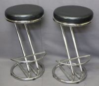 STYLISH CHROME & LEATHER EFFECT TOP BAR STOOLS, a pair, 69cms H, 36cms Diameter