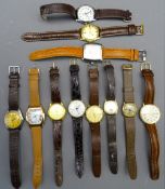11 GENTLEMAN'S WRISTWATCHES on brown leather straps including two with 9ct gold cases, one marked