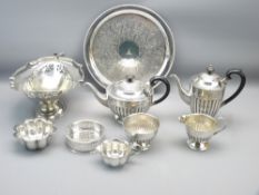 FOUR PIECE EPNS TEA SERVICE, non-associated circular tray, bread basket and other plated ware