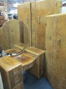GOOD ART DECO PERIOD THREE PIECE WALNUT BEDROOM SUITE comprising a two door wardrobe, 190cms H,