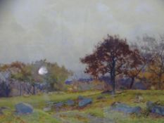 GEORGE COCKRAM watercolour - rural scene with figure collecting fire wood and grazing sheep, signed,