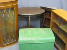 FURNITURE ASSORTMENT - glass door mid-century bookcase, metal trunk, display cabinets (2) and an