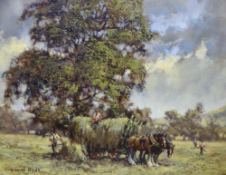 DAVID HYDE oil on canvas - busy harvesting scene with hay laden cart and horses with numerous