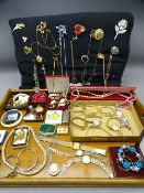 VINTAGE & LATER JEWELLERY, lady's wristwatches and collectables on a two-handled oak tray