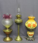 OIL LAMPS (3) - brass with Corinthian column, one with etched shade and the other milk glass shade