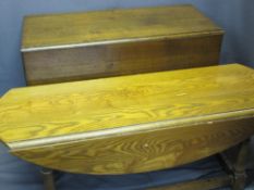 ANTIQUE OAK DROP-LEAF TABLE and a reproduction oak low drop-leaf table, 73cms H, 105cms L, 50.5cms W