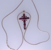 SNAKE FORM SILVER NECKLACE with large purple stone set cross, 925 silver marks and Thailand, 14.