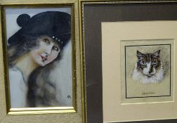 ART DECO PORTRAIT - a lady, initialled F J, Oil on Board, 22 x 14cms and Watercolour of a cat,