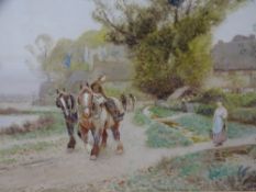ALBERT HASELGRAVE watercolour - pastoral scene of a lady on a stream bridge with horses and handlers