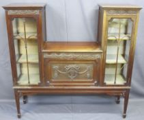 EDWARDIAN MAHOGANY STEPPED CABINET with central shelf and drop down cabinet, flanked by glazed