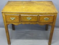 ANTIQUE OAK THREE DRAWER SIDE TABLE, rectangular top over three oak lined drawers having fancy brass