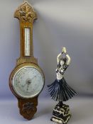 VINTAGE OAK BAROMETER and a reproduction Art Deco lady figurine, 81cms L the barometer