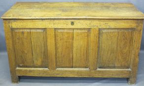 CIRCA 1820 PANELLED OAK COFFER, the top with iron strap hinges opening to reveal an interior