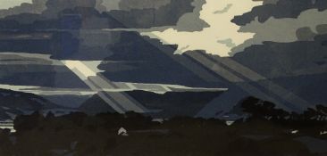 ANN LEWIS limited edition 9/18 lino cut - stormy Conwy Valley landscape, signed, 29 x 58cms