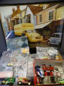 MATCHBOX, CORGI & OTHER COLLECTABLE CARS & VEHICLES with a framed completed jigsaw advertising
