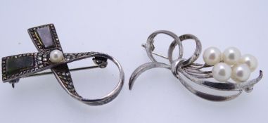 A WHITE METAL (MARKED S) LEAF BROOCH with six pearls, 6.3grms and an Irish white metal, possibly