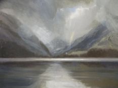 KEITH ANDREW oil on canvas - Snowdon behind clouds beyond lake, entitled verso on Tegfryn Gallery