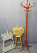 REPRODUCTION BENTWOOD COAT & HAT STAND, two wicker basket items and a pine circular top stool