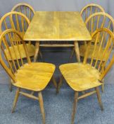 ERCOL LIGHT COLOURED TABLE, 72cms H, 100cms W, 70cms D and six hoop back spindle chairs