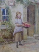 SAMUEL Mc CLOY (Irish School) watercolour - young girl with dish of fruit standing outside her door,