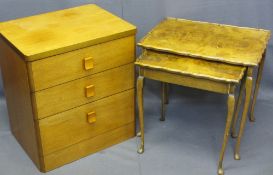 TEAK CHEST of three drawers and two burr walnut veneer side tables, one having lift-up lid with