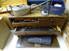 VINTAGE TOOL BOX & CONTENTS, the locking drop down front opening to reveal six interior drawers full