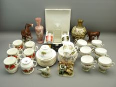 REGENCY ENGLISH BONE CHINA TEAWARE depicting huntsmen, 30 plus pieces, Milk glass vase, horse