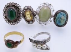 A PARCEL OF SIX DRESS RINGS, mostly silver mounted, all with large decorative stones, 33grms total