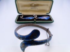 A PAIR OF LARGE SHAPED OVAL WHITE METAL & BLUE ENAMEL THAI SCREW-FIT EARRINGS, 12grms with similar