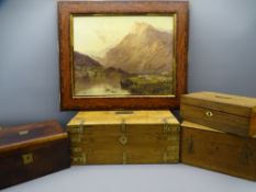 STRIPPED PINE ANTIQUE BRASS BOUND BOX and three further lidded wooden boxes, the plaque to the brass