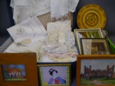 VINTAGE HOUSEHOLD LINEN & LACE within a suitcase and a mixed quantity of framed pictures and prints