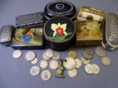 DECORATIVE BOXES and a small quantity of vintage coinage, examples include a continental white metal